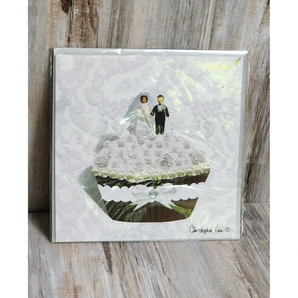 Papyrus Christopher Vine Glittered Beaded Cupcake Wedding‎ Card Bride Groom